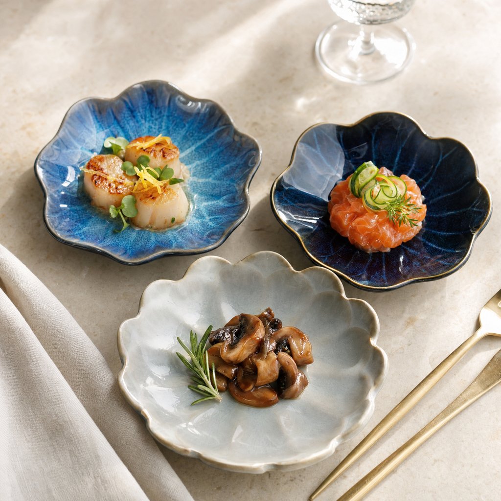 Three glazed ceramic dishes in cobalt blue, navy and pale gray-blue holding seared scallops, salmon tartare and sauteed mushrooms with a rosemary sprig on a beige surface