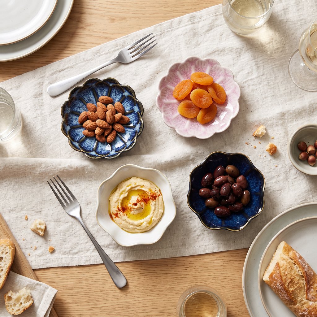 Overhead view of four small glazed ceramic dishes in blue, pale pink, white and navy holding almonds, dried apricots, hummus and olives on a linen runner with bread and wine glasses