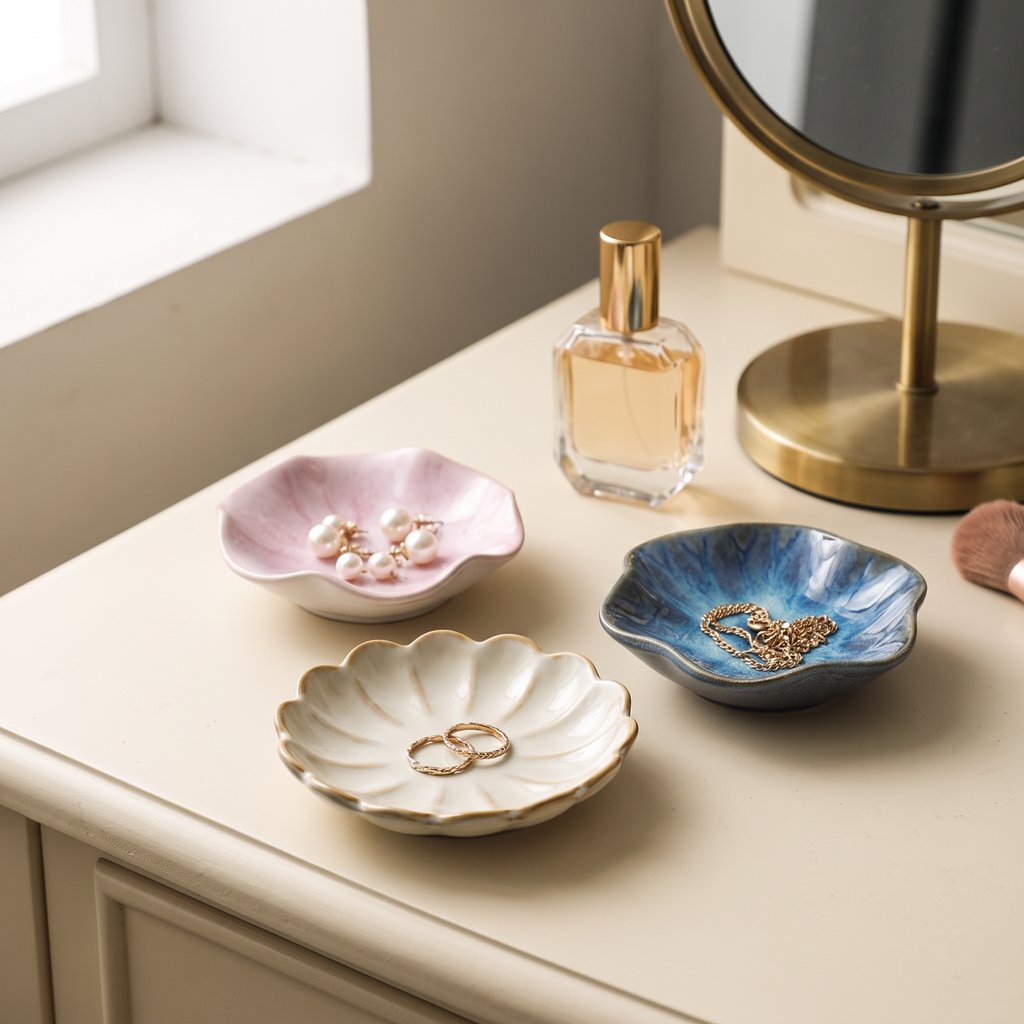 Three glazed ceramic dishes on a cream vanity, a pink one holding pearl drop earrings, a blue one holding a gold chain necklace and an ivory one holding two gold hoop rings, beside a perfume bottle