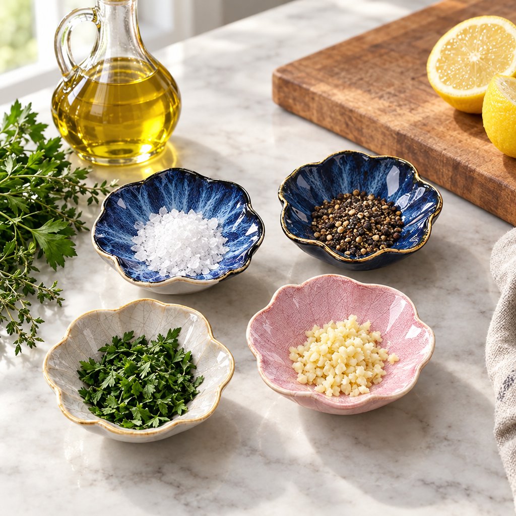 Four small glazed ceramic bowls in blue, navy, cream and pink holding coarse salt, black pepper, chopped herbs and minced garlic on a white marble counter beside an olive oil cruet