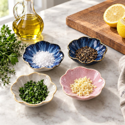 Four small glazed ceramic bowls in blue, navy, cream and pink holding coarse salt, black pepper, chopped herbs and minced garlic on a white marble counter beside an olive oil cruet