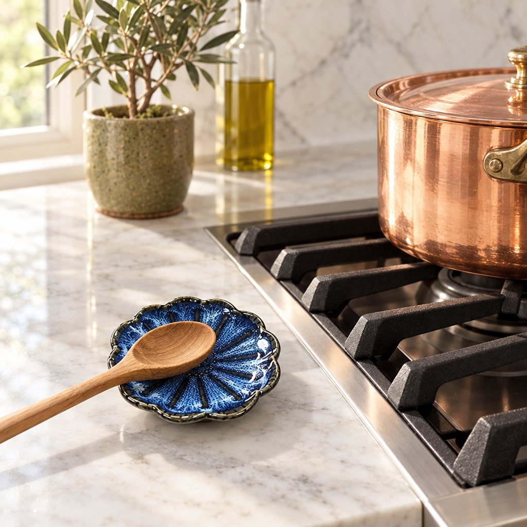 Cobalt blue glazed ceramic dish with a scalloped flower-shaped rim holding a wooden spoon, on a marble countertop beside a gas stovetop with a copper pot