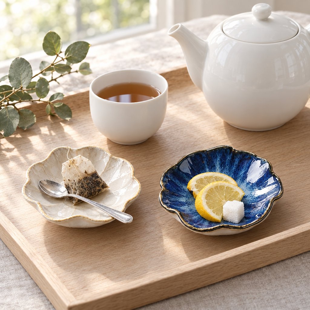 Two glazed ceramic dishes on a wooden tray, a cream crackle-glaze dish holding a used tea bag and spoon and a cobalt blue dish holding lemon slices and a sugar cube, beside a white teapot and teacup