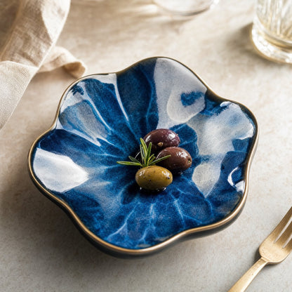 Deep blue glazed ceramic dish with petal-like glaze streaks, a wavy rim and a thin gold edge holding three olives and a rosemary sprig on a beige stone surface