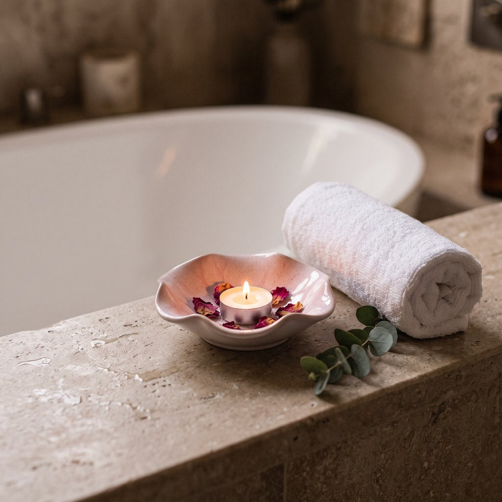 Pale blush pink glazed ceramic dish with a ruffled flower-shaped rim holding a lit tealight and dried rose petals on a stone ledge beside a white bathtub