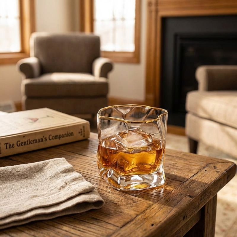 Glass of whiskey with ice on a wooden table in a cozy room with a fireplace and chair.