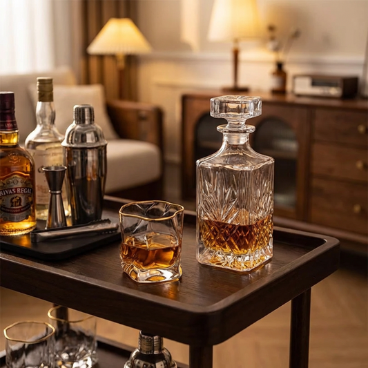 Whiskey decanter and glasses on a table with a blurred background