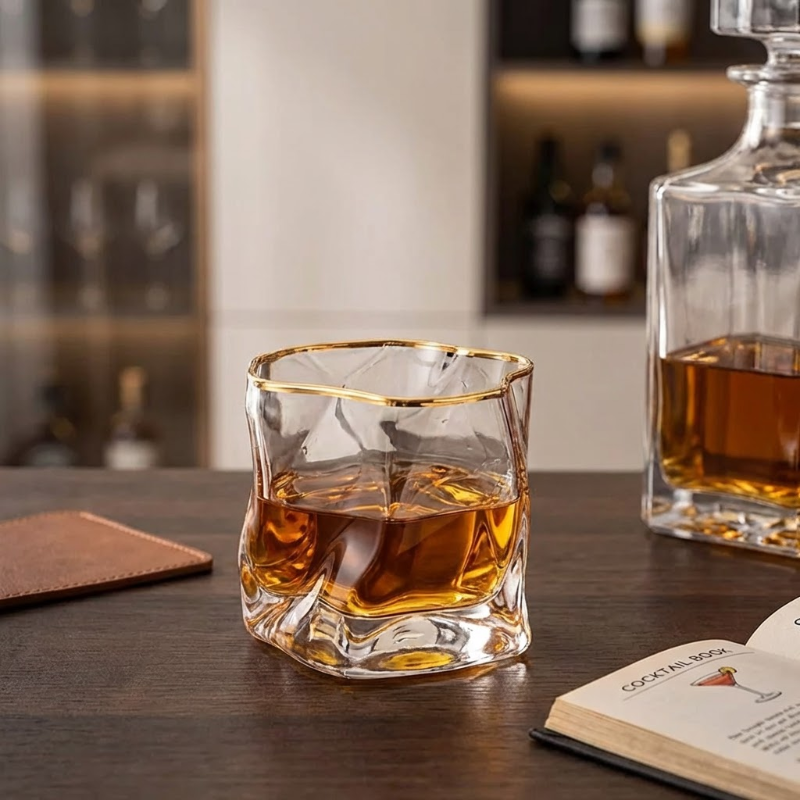 Glass of whiskey with a gold rim on a wooden table, next to a decanter and cocktail book.