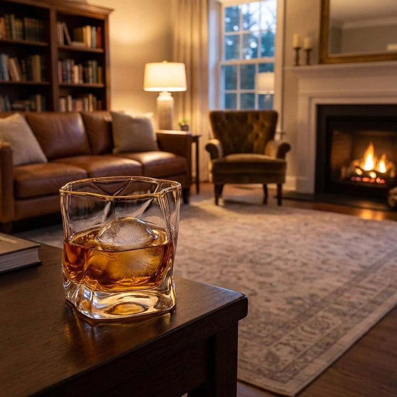Glass of whiskey with ice on a table in a cozy living room with a fireplace.