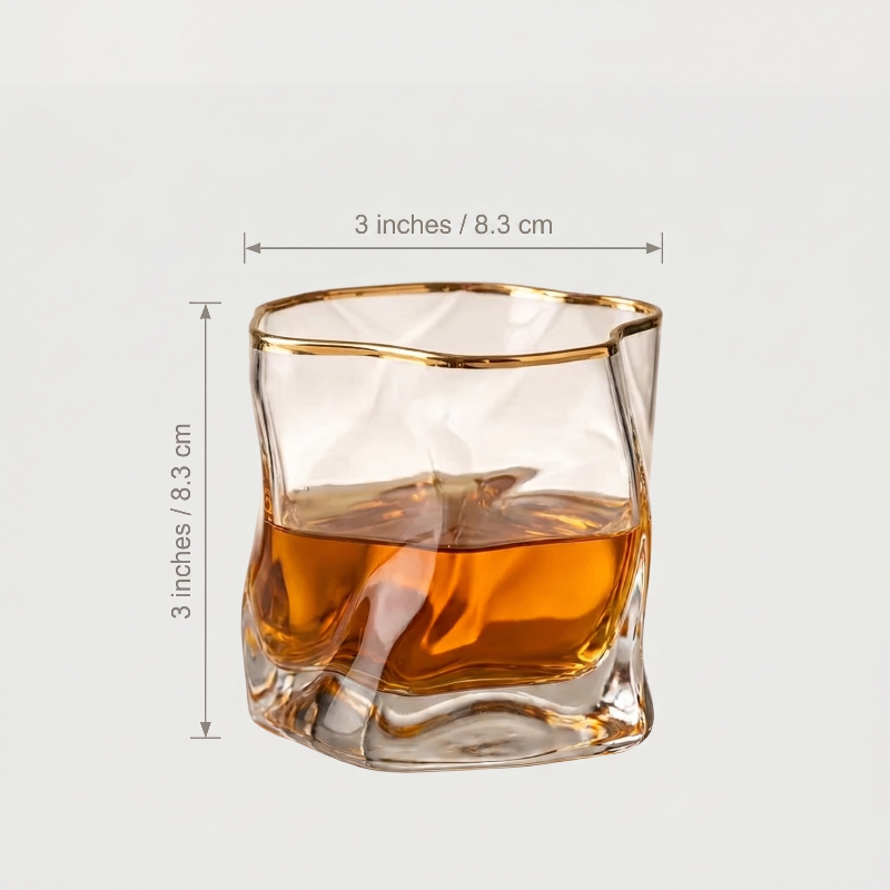 Glass tumbler with wavy design filled with amber liquid, showing dimensions on a light gray background.