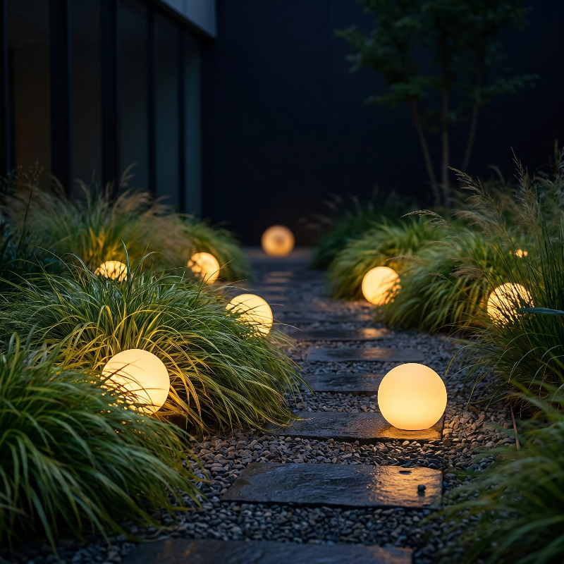 Globe accent lights glowing along garden path at dusk