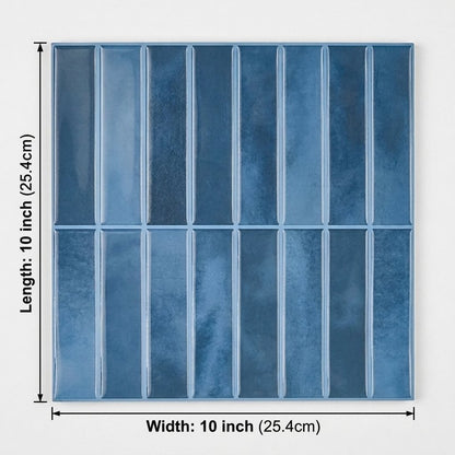 Deep blue glossy subway tile sheet on a white background with measurements marked: 10 inches by 10 inches