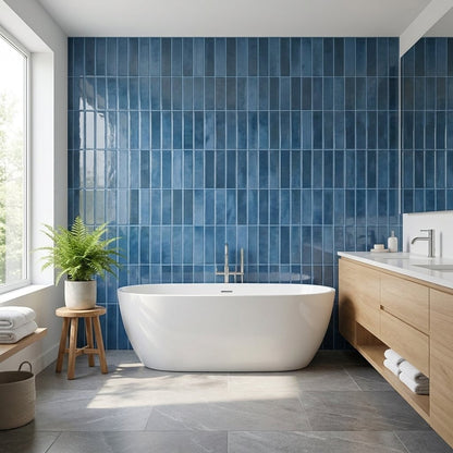 Deep blue glossy subway tile backsplash wall in a bathroom with a white freestanding tub and wood vanity