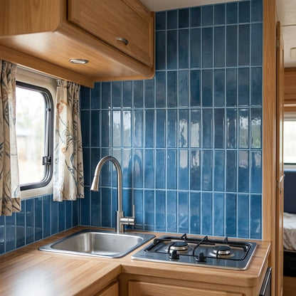 Deep blue glossy subway tile backsplash in an RV kitchen with wood cabinetry and a stainless sink