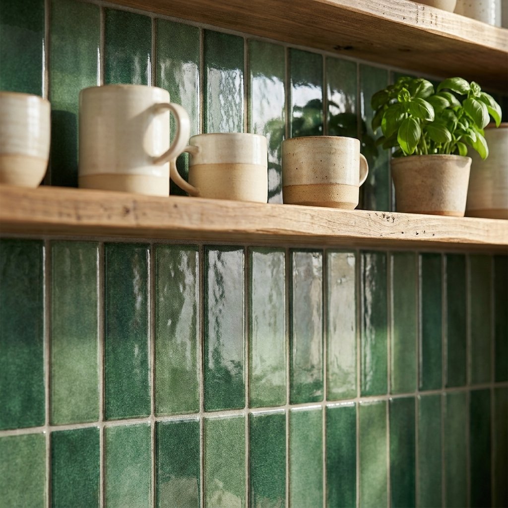 Forest green glossy subway tile behind open wood shelving with ceramic mugs and a potted basil plant