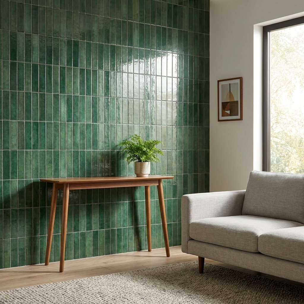 Forest green glossy subway tile accent wall in a living room with a wood console table and potted fern