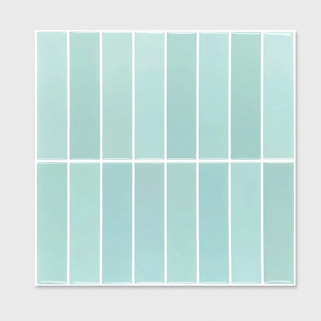 Sheet of pale sky blue glossy subway tile on a plain studio background