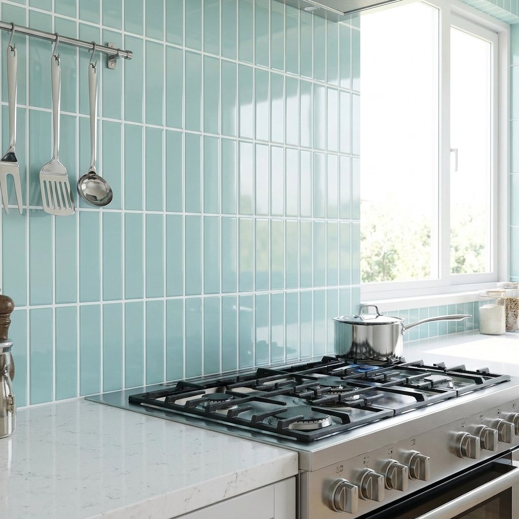 Pale sky blue glossy subway tile backsplash behind a kitchen stove with hanging utensils