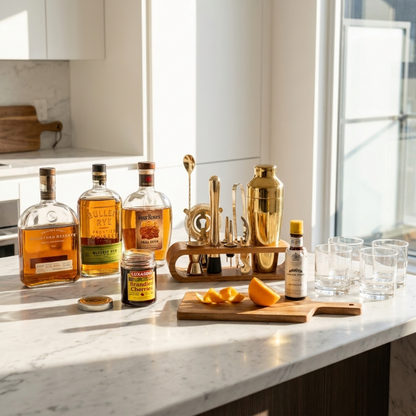 10-piece cocktail bar tool set styled on kitchen counter with liquor bottles