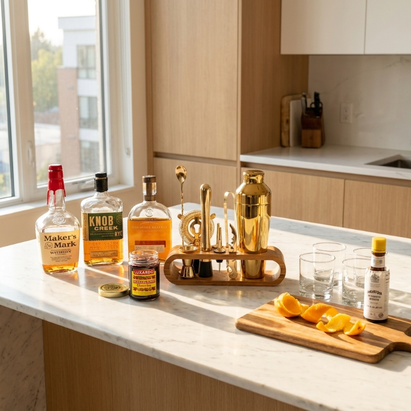 10-piece cocktail bar tool set on kitchen counter beside cocktails