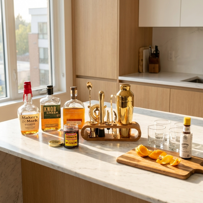 10-piece cocktail bar tool set on kitchen counter beside cocktails