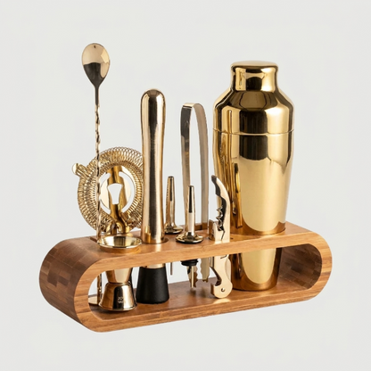 10-piece cocktail bar tool set in gold finish with wooden stand