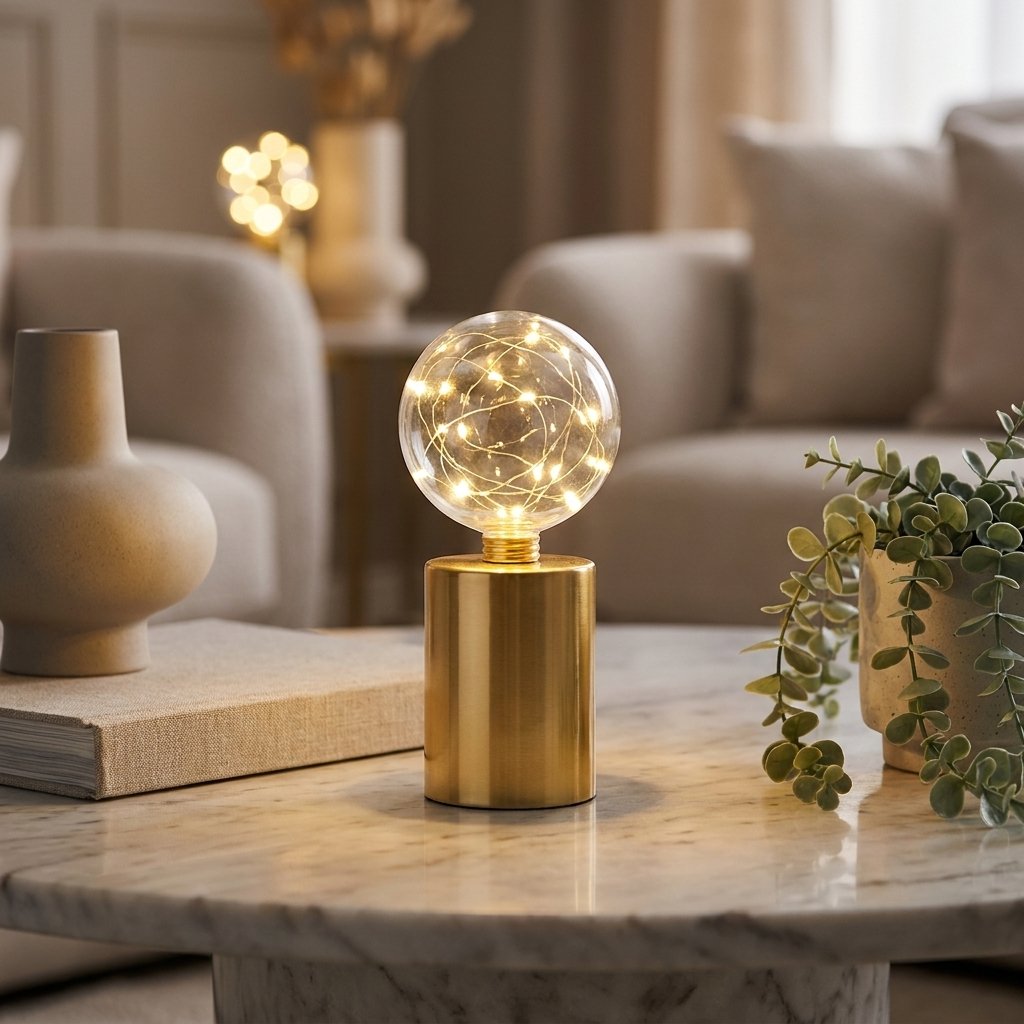Lit clear glass globe LED lamp with gold wire fairy lights on a brass base, on a marble coffee table with books and a potted plant