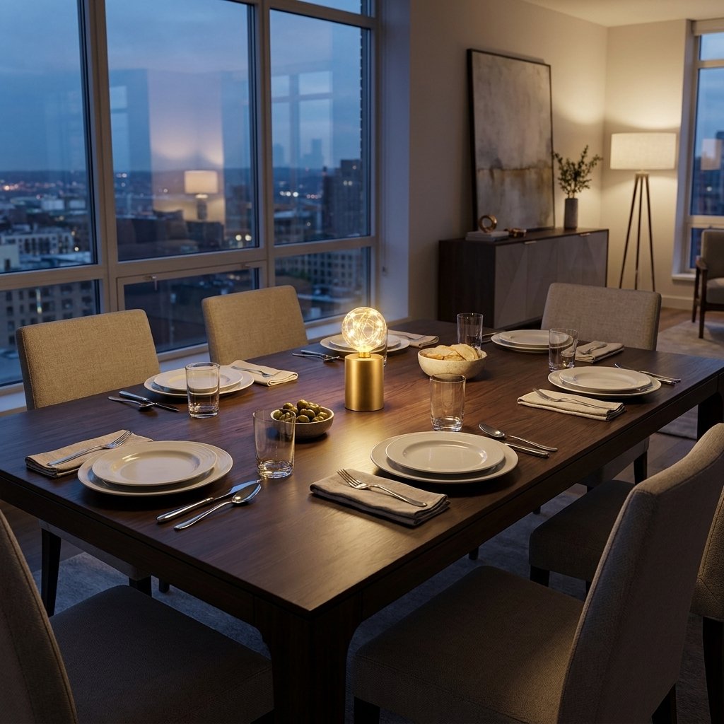 Lit glass globe LED lamp on a dining table set for six at dusk, with a city skyline visible through floor-to-ceiling windows
