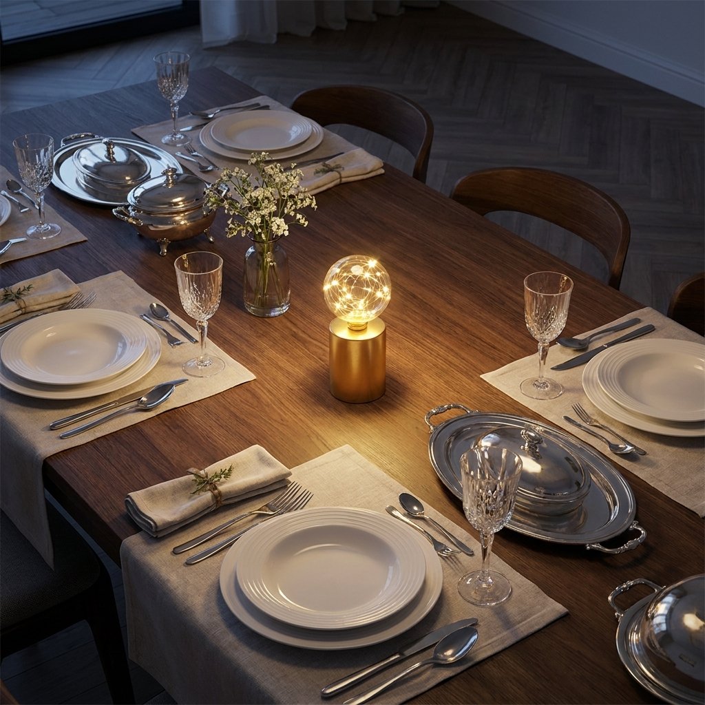 Lit glass globe LED lamp on a formally set dining table with crystal wine glasses and silver serving dishes