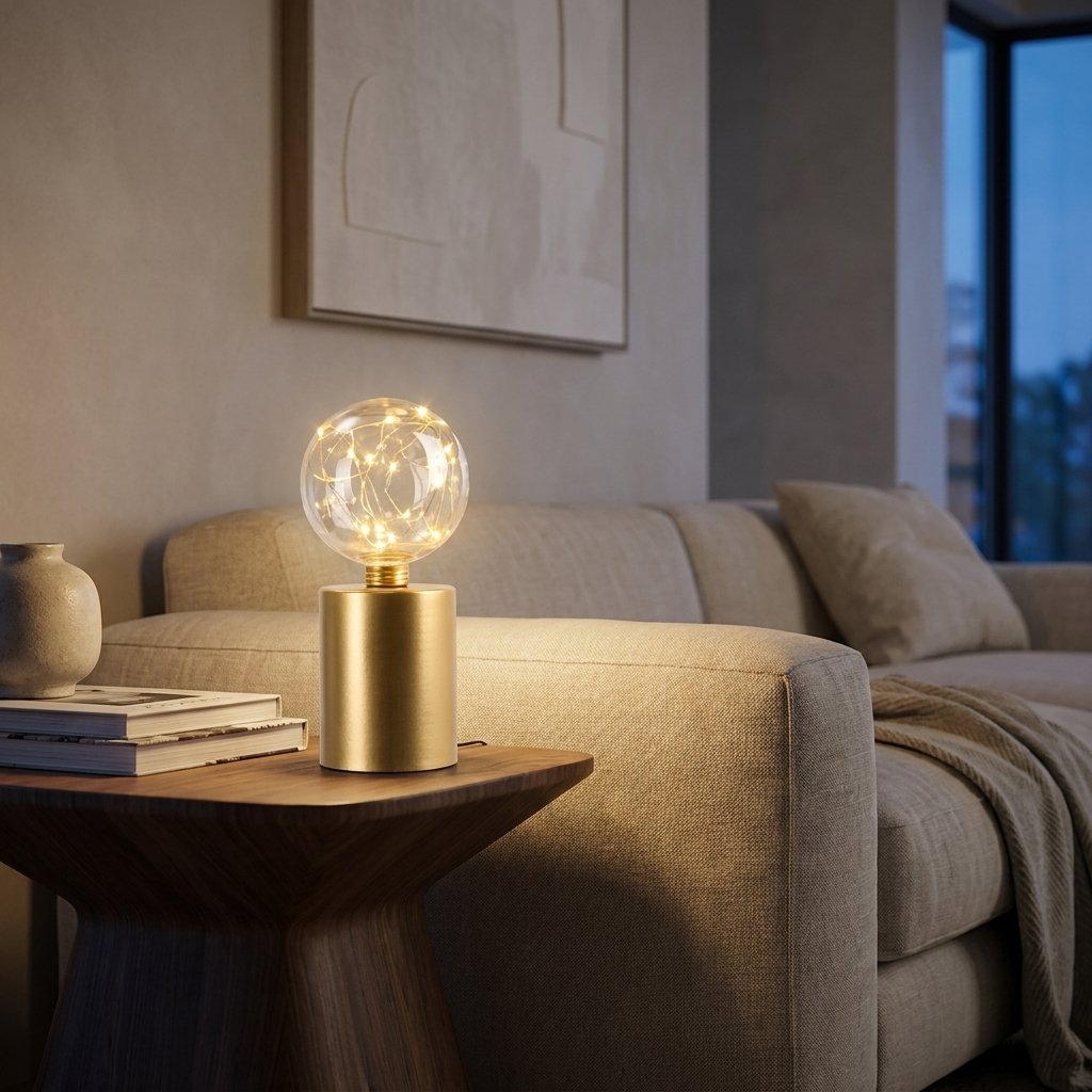 Lit glass globe LED lamp on a wood side table at dusk beside a sofa, with a twilight sky visible through the window