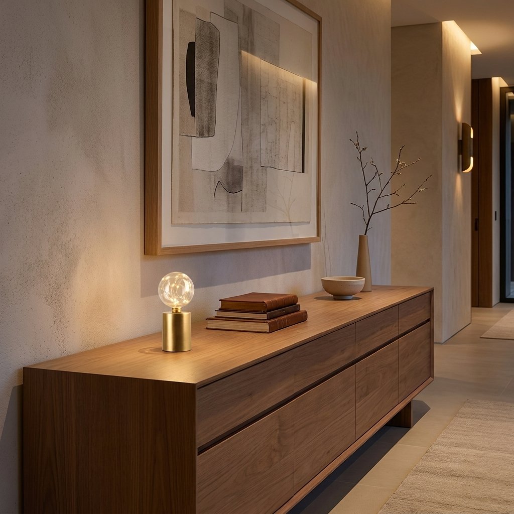 Lit glass globe LED lamp on a wood sideboard in a hallway with books, a vase, and framed art