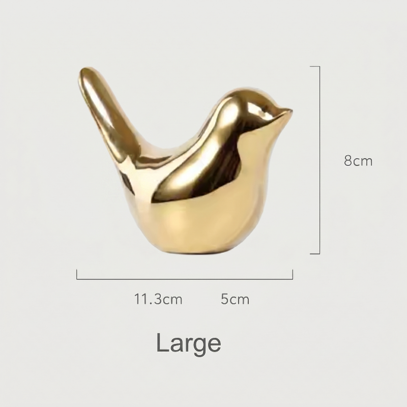 Large gold bird sculpture dimensions graphic on white background