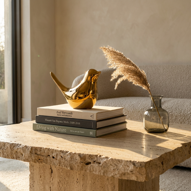 Gold bird sculpture on coffee table with books and feather decor