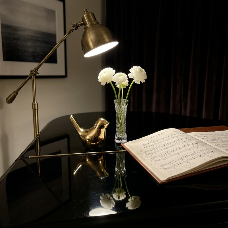 Gold bird sculpture on desk beside flowers and notebook