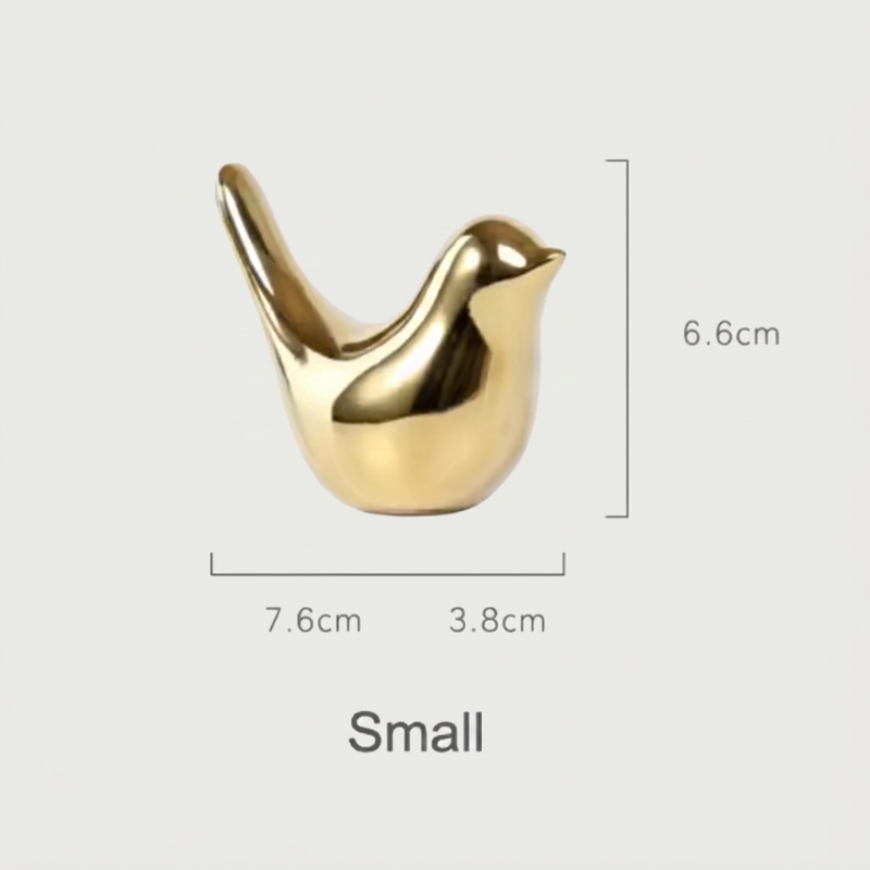 Small gold bird sculpture dimensions graphic on white background