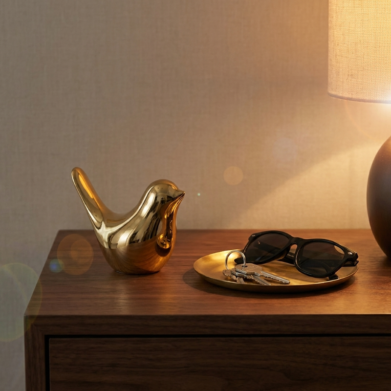 Gold bird sculpture on bedside table beside dish