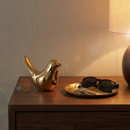 Gold bird sculpture on bedside table beside dish