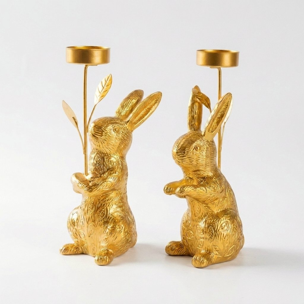 Two gold rabbit candle holders in matching upright pose, side by side