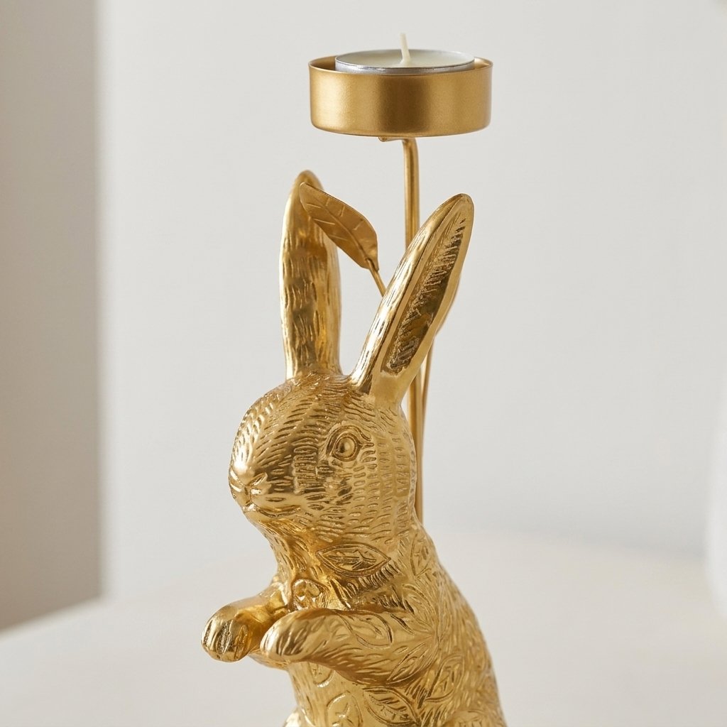 Close-up of gold rabbit candle holder's face, upright ears, and engraved fur