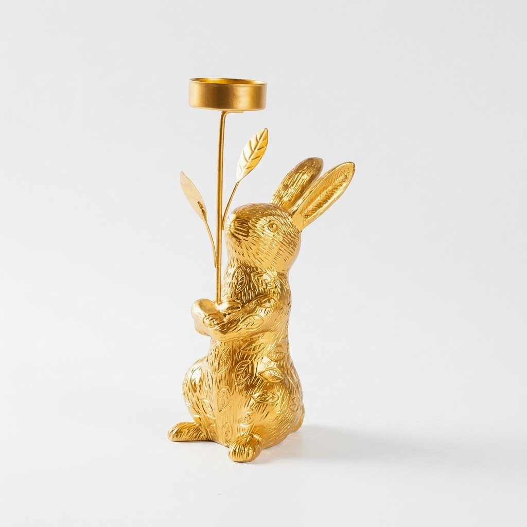 Gold rabbit candle holder in upright pose, tealight cup on stem