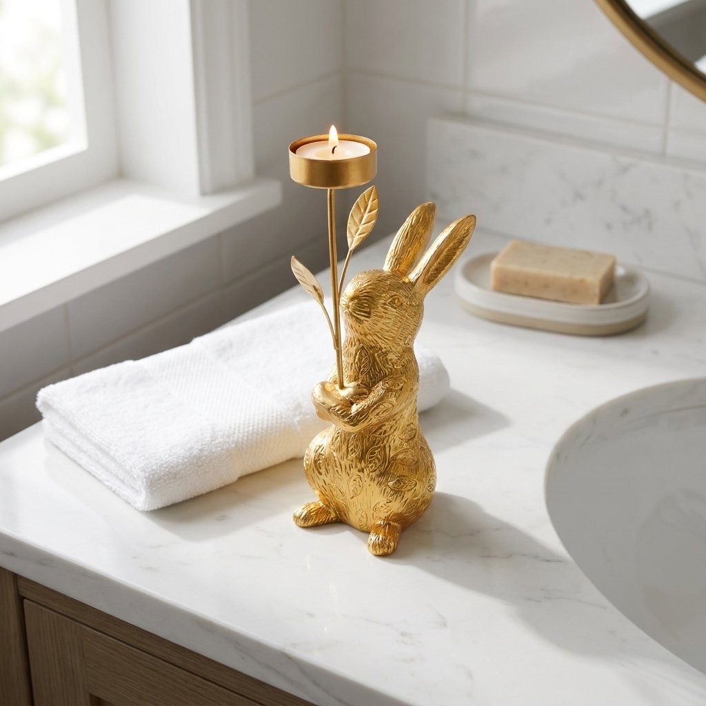 Gold standing rabbit candle holder on a marble bathroom vanity with towel