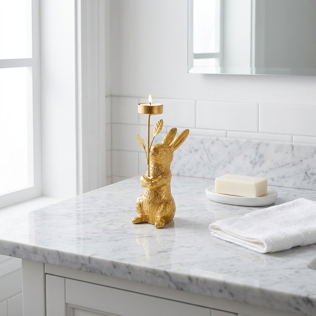 Gold standing rabbit candle holder on a marble vanity with soap and towel