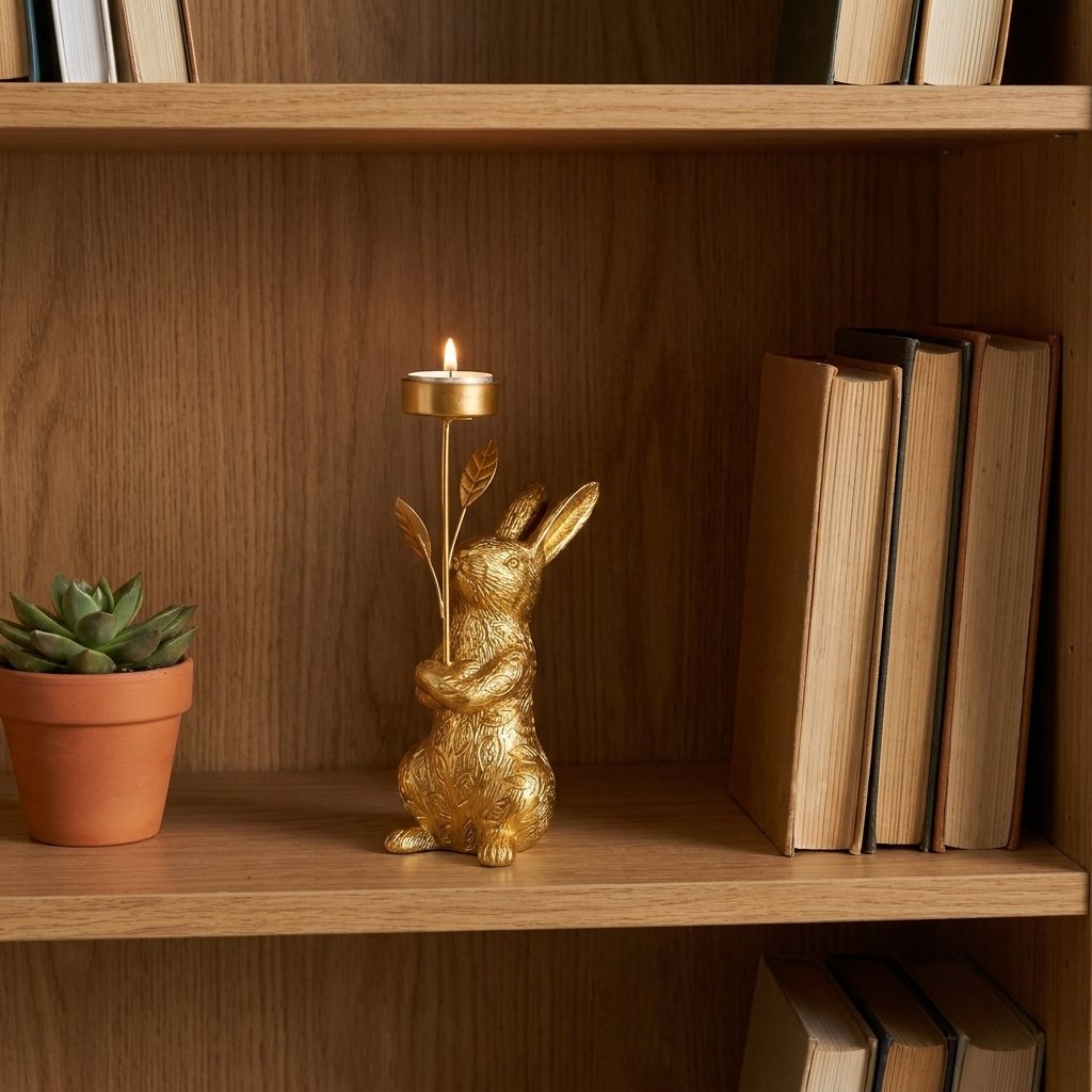 Gold standing rabbit candle holder on a bookshelf beside a succulent