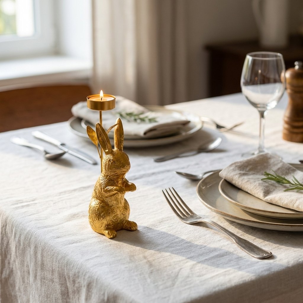 Gold standing rabbit candle holder on a set dining table