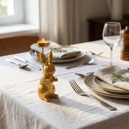 Gold standing rabbit candle holder on a set dining table