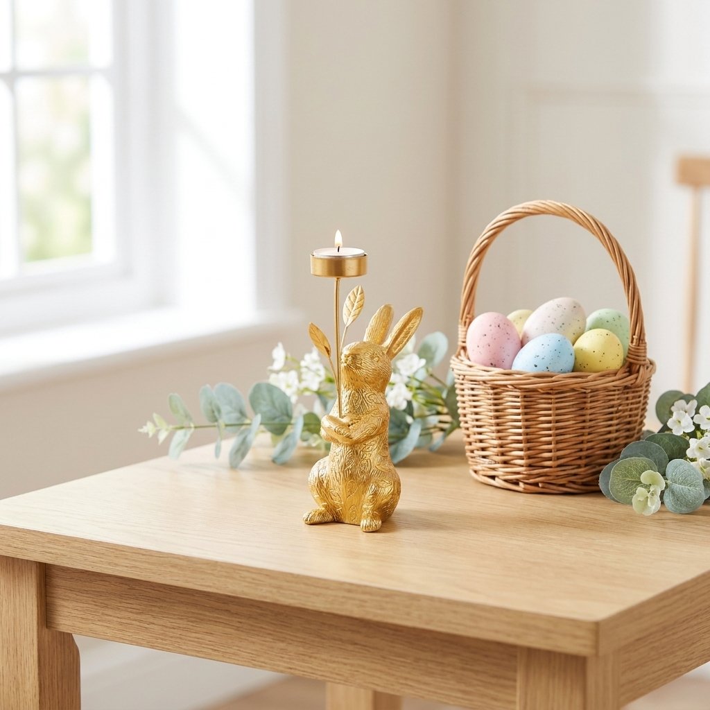 Gold standing rabbit candle holder beside a basket of Easter eggs