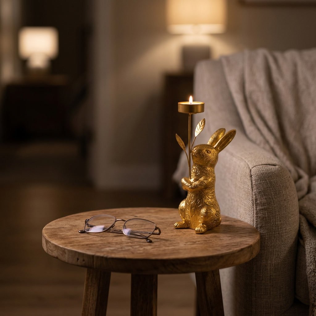 Gold standing rabbit candle holder on a side table in a dim living room