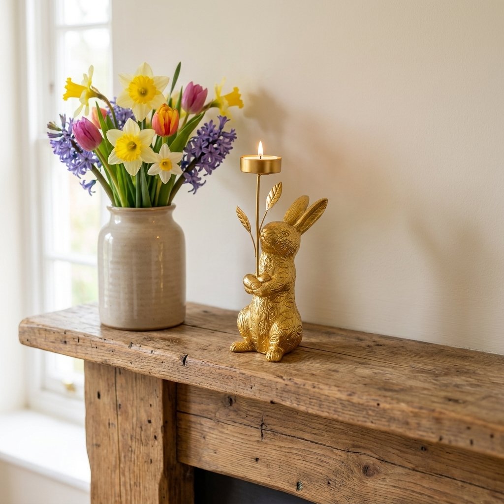 Gold standing rabbit candle holder on a mantel with spring flowers