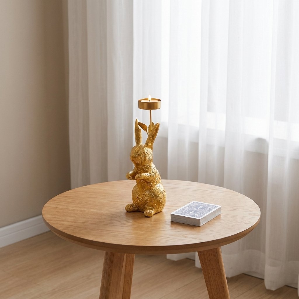 Gold standing rabbit candle holder on a round table near sheer curtains