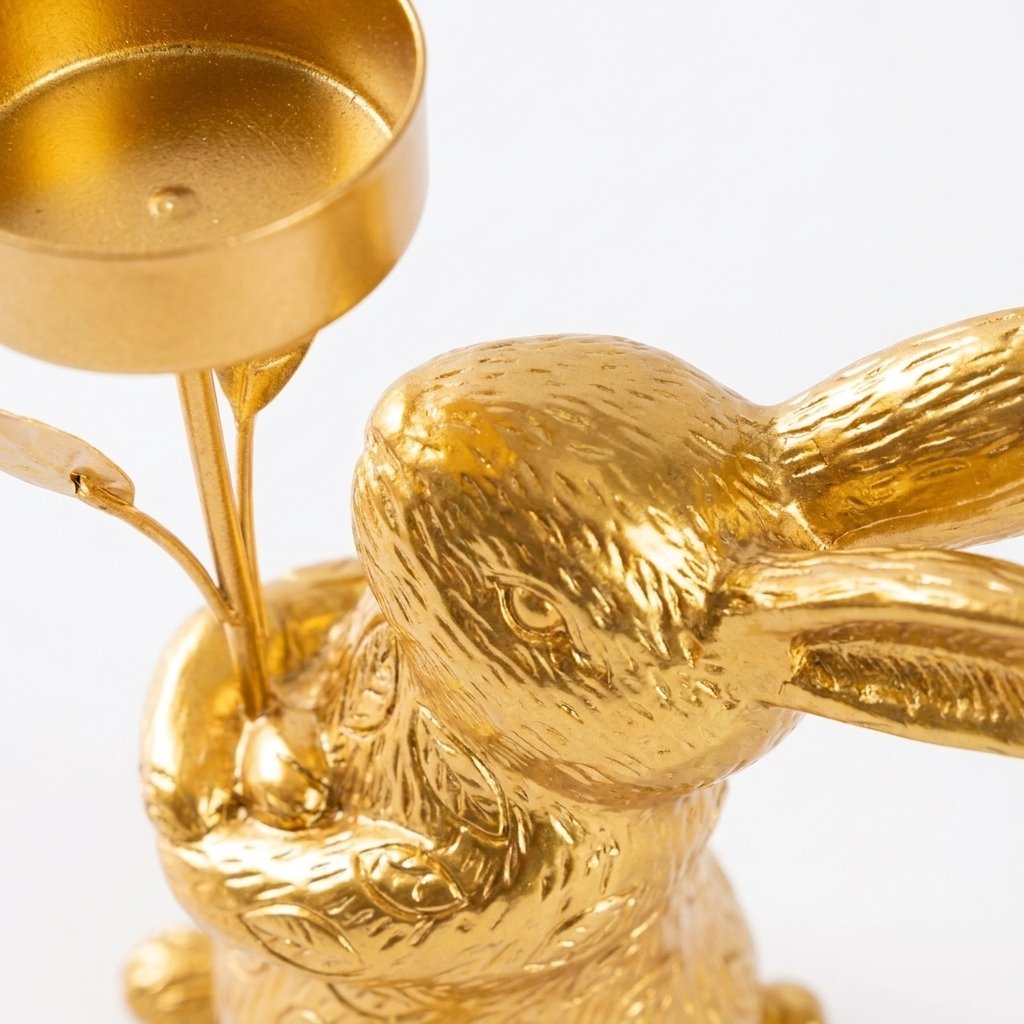 Close-up of gold rabbit candle holder with head turned, ears folded back